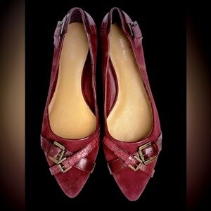 NEW NINE WEST Nourishedo Leather Slip On Burgundy buckle Accent Flats Shoes 11M